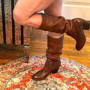 Joan n David Couture Sz 7 Scrunch Stage Slouch‎ Brown Leather Mid Calf Boots